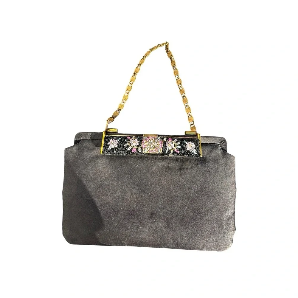 B B Berger Vintage Black Satin Evening Bag With Beaded‎ Floral Accent